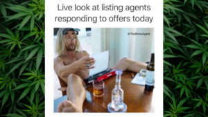 Humorous meme showing a shirtless blonde man at a desk reading a paper, with drinks present, caption: 'Live look at listing agents responding to offers today'.