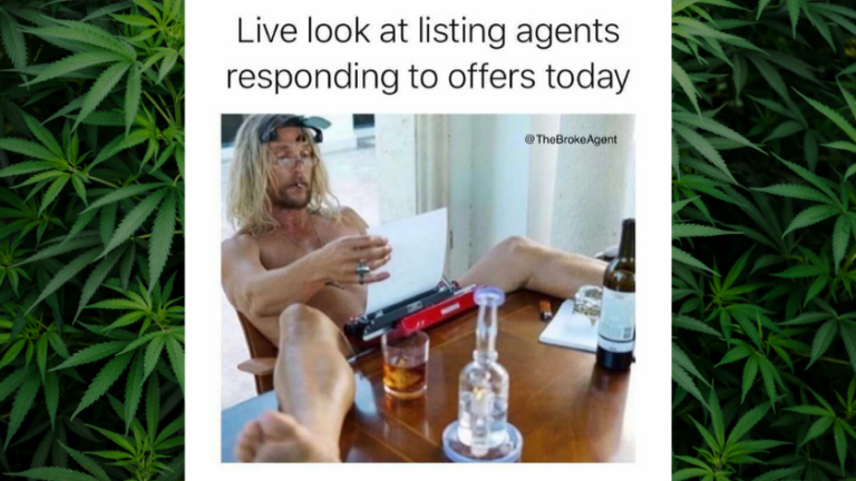 Humorous meme showing a shirtless blonde man at a desk reading a paper, with drinks present, caption: 'Live look at listing agents responding to offers today'.