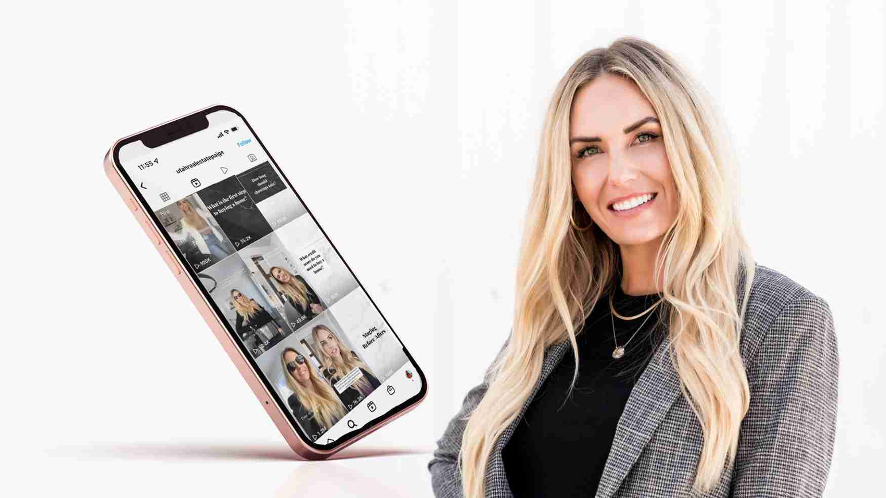 Smiling blonde woman in a gray blazer beside a tilted pink iPhone displaying a grid of social media posts on the screen.