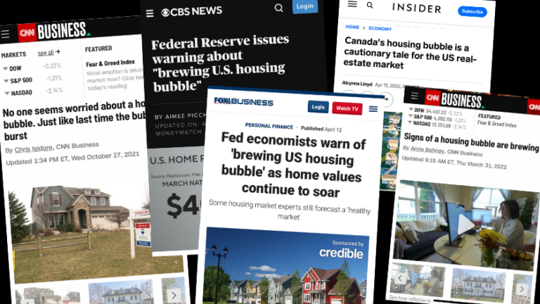 Collage of news screenshots about a brewing U.S. housing bubble from outlets like CBS, CNN, Fox Business and Insider