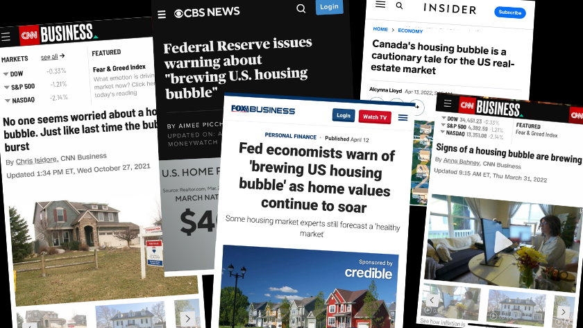 Collage of news screenshots about a brewing U.S. housing bubble from outlets like CBS, CNN, Fox Business and Insider