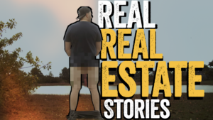 Man with his back to the camera stands near a lake, large bold 'REAL ESTATE STORIES' text overlaid in white and yellow.