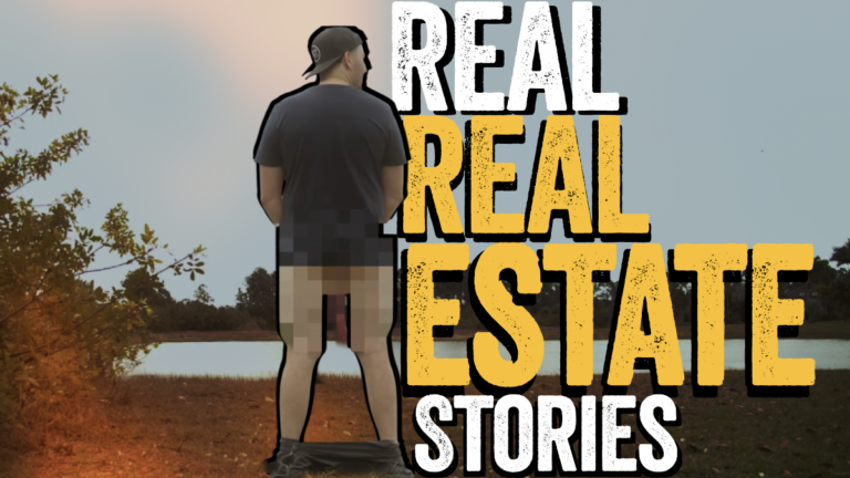 Man with his back to the camera stands near a lake, large bold 'REAL ESTATE STORIES' text overlaid in white and yellow.