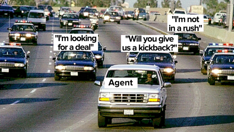 Car labeled 'Agent' drives in heavy highway traffic with three speech bubbles: 'I'm looking for a deal', 'Will you give us a kickback?', 'I'm not in a rush'