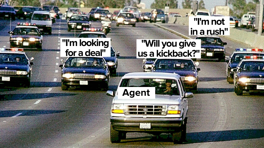 Car labeled 'Agent' drives in heavy highway traffic with three speech bubbles: 'I'm looking for a deal', 'Will you give us a kickback?', 'I'm not in a rush'