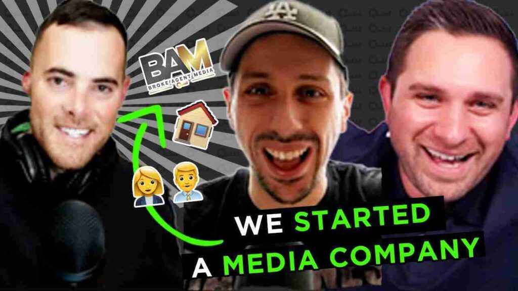 Three men smiling at a studio setup, with bold text 'WE STARTED A MEDIA COMPANY' and a BAM logo nearby.