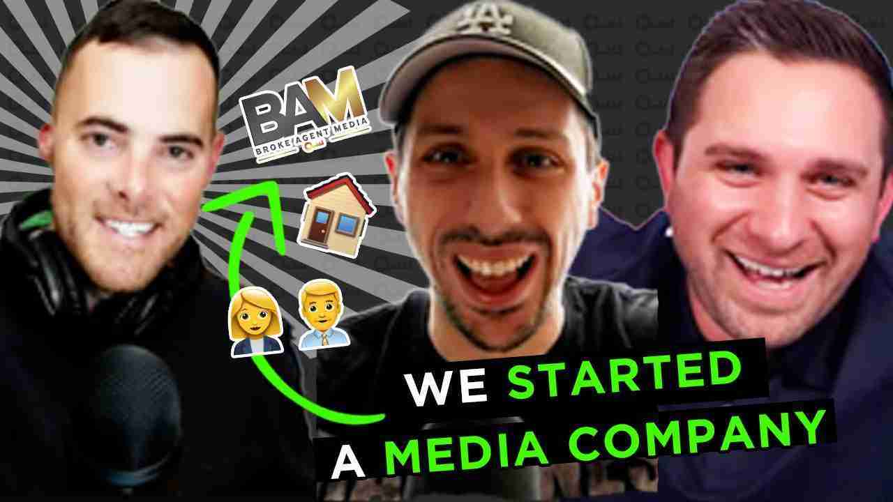 Three men smiling at a studio setup, with bold text 'WE STARTED A MEDIA COMPANY' and a BAM logo nearby.