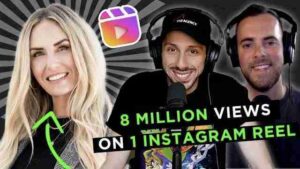 Three smiling hosts sit with a microphone in a thumbnail, featuring an Instagram logo and bold green caption: '8 MILLION VIEWS ON 1 INSTAGRAM REEL'