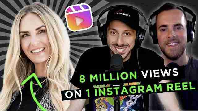Three smiling hosts sit with a microphone in a thumbnail, featuring an Instagram logo and bold green caption: '8 MILLION VIEWS ON 1 INSTAGRAM REEL'