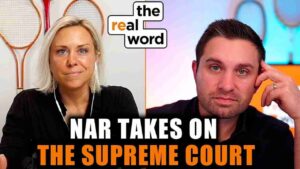 Two hosts on a split-screen set; woman with blonde hair on the left, man on the right, with the show logo above and the bold caption 'NAR TAKES ON THE SUPREME COURT'.