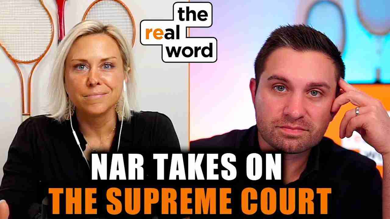 Two hosts on a split-screen set; woman with blonde hair on the left, man on the right, with the show logo above and the bold caption 'NAR TAKES ON THE SUPREME COURT'.