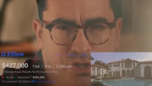 Close-up of a man with glasses overlaid by a Zillow listing showing a luxury home and a price of $427,000 in the foreground.