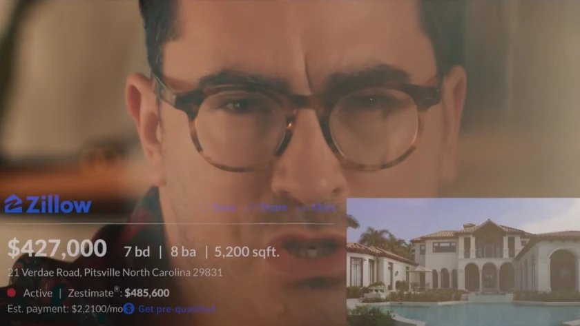 Close-up of a man with glasses overlaid by a Zillow listing showing a luxury home and a price of $427,000 in the foreground.