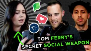 Three people looking at smartphones with floating social icons and the bold title "Tom Ferry's Secret Social Weapon"