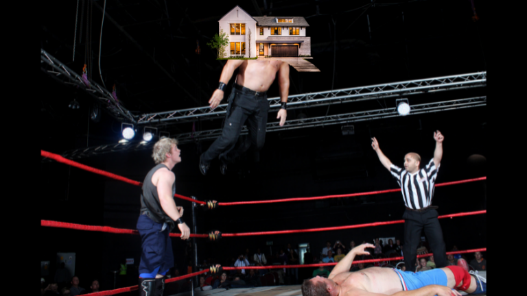 Wrestler in mid-air leaping toward an opponent in a ring; referee raises arms, audience in background.
