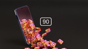 Phone tilted to the left with a cascade of colorful app icons spilling from its bottom; a white outlined square badge shows the number 90 above them.