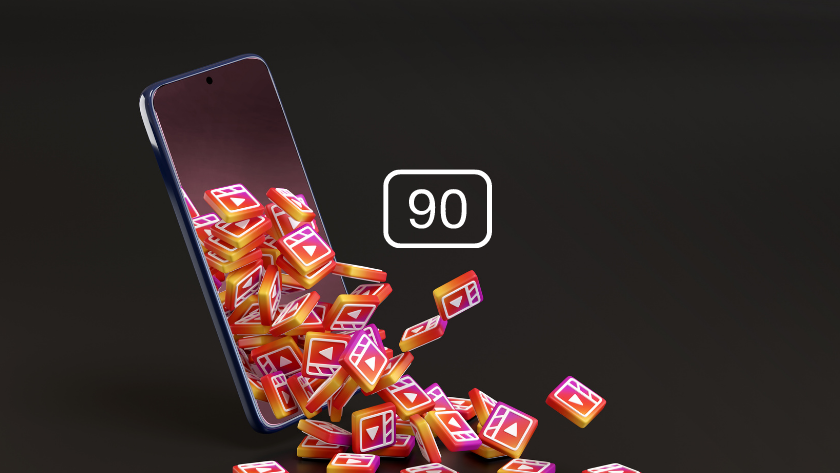 Phone tilted to the left with a cascade of colorful app icons spilling from its bottom; a white outlined square badge shows the number 90 above them.