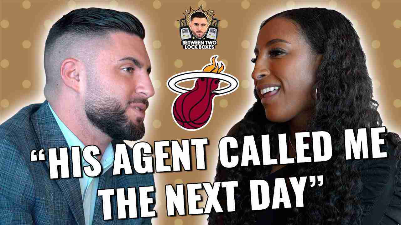 Thumbnail of a man and woman facing each other with bold white text reading 'HIS AGENT CALLED ME THE NEXT DAY' across the bottom, Miami Heat logo centered between them.