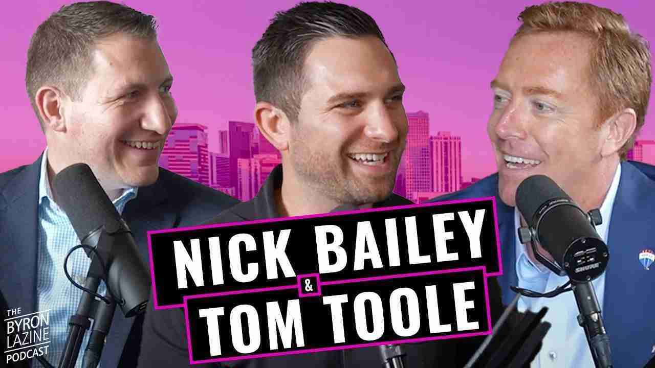 Three men in suits with studio mics podcasting, pink cityscape background and bold title Nick Bailey & Tom Toole