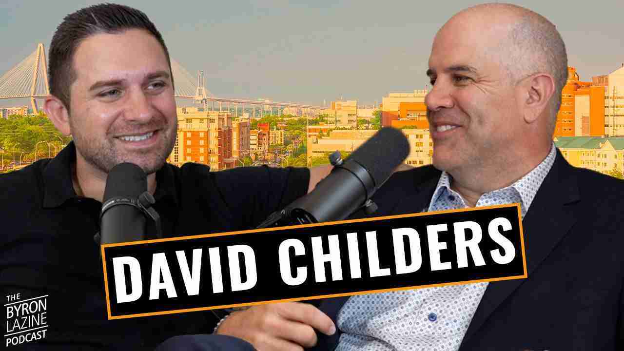 Two men podcasting with large 'DAVID CHILDERS' banner across the image and a city skyline in the background.