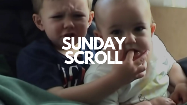 Two young children sitting together as a friendly thumbnail with bold 'Sunday Scroll' text overlay (video/brand image)