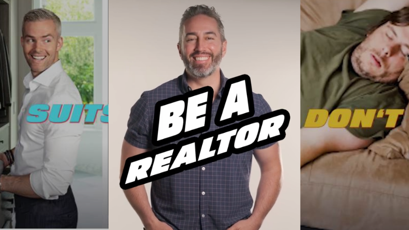 Three-panel collage promoting real estate careers: a man in a suit on the left, a 'BE A REALTOR' banner in the center, and a man sleeping on the right with 'DON'T' text