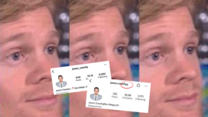Collage of a man's face with overlapping social media profile cards (Instagram) in the foreground.