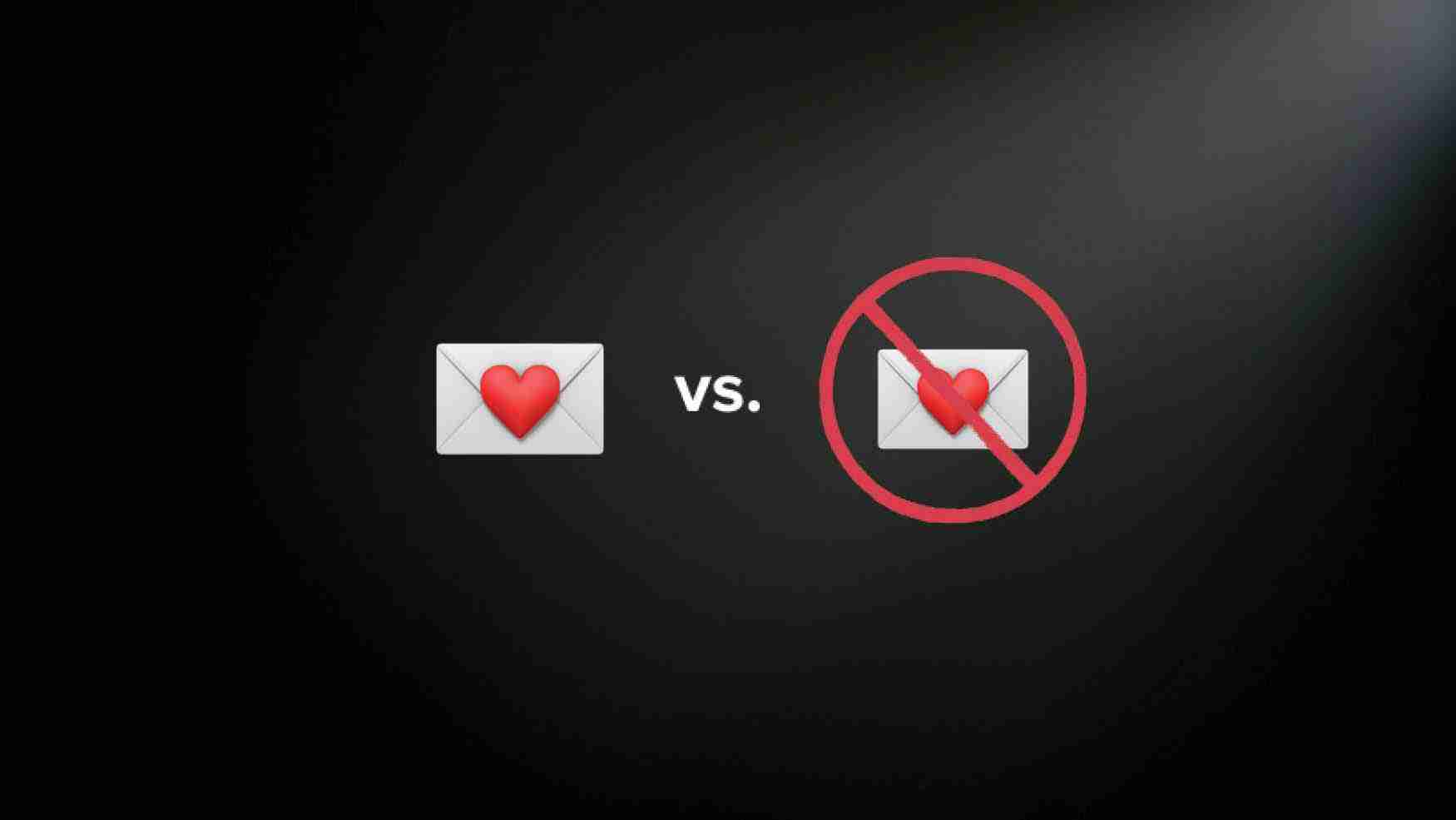 Envelope with a red heart on the left, vs. the same envelope crossed out with a red circle and slash against a dark background (love mail vs. blocked).