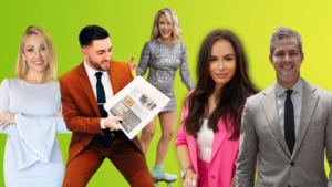 Five adults stand together against a lime gradient background; a man in an orange suit reads a magazine while others smile, posing casually.