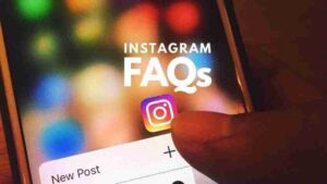 Phone screen shows 'INSTAGRAM FAQs' with the colorful Instagram icon and a finger about to post a new post on the app.