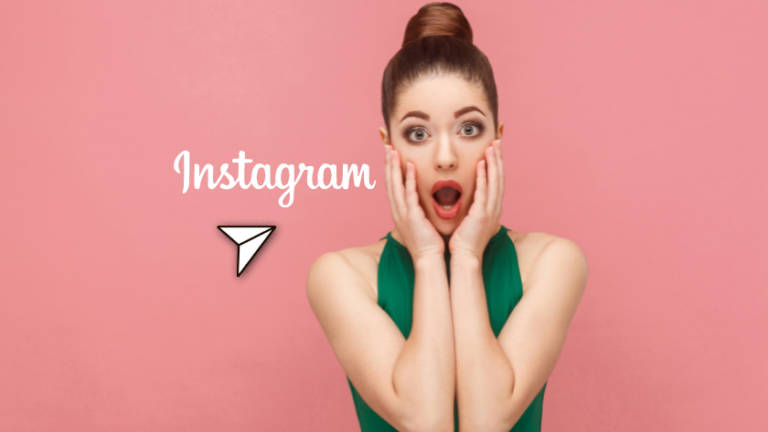Young woman in a green outfit on a pink background, hands on cheeks in surprise, with the word 'Instagram' and a paper-plane icon beside her.