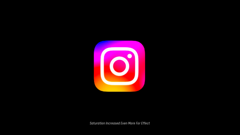 Instagram app logo centered on a black background (gradient square with white camera glyph). The bottom caption reads: "Saturation Increased Even More For Effect"