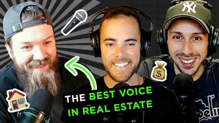 Three podcast hosts with headsets smiling in front of a striped background, a bold banner reads 'THE BEST VOICE IN REAL ESTATE'.