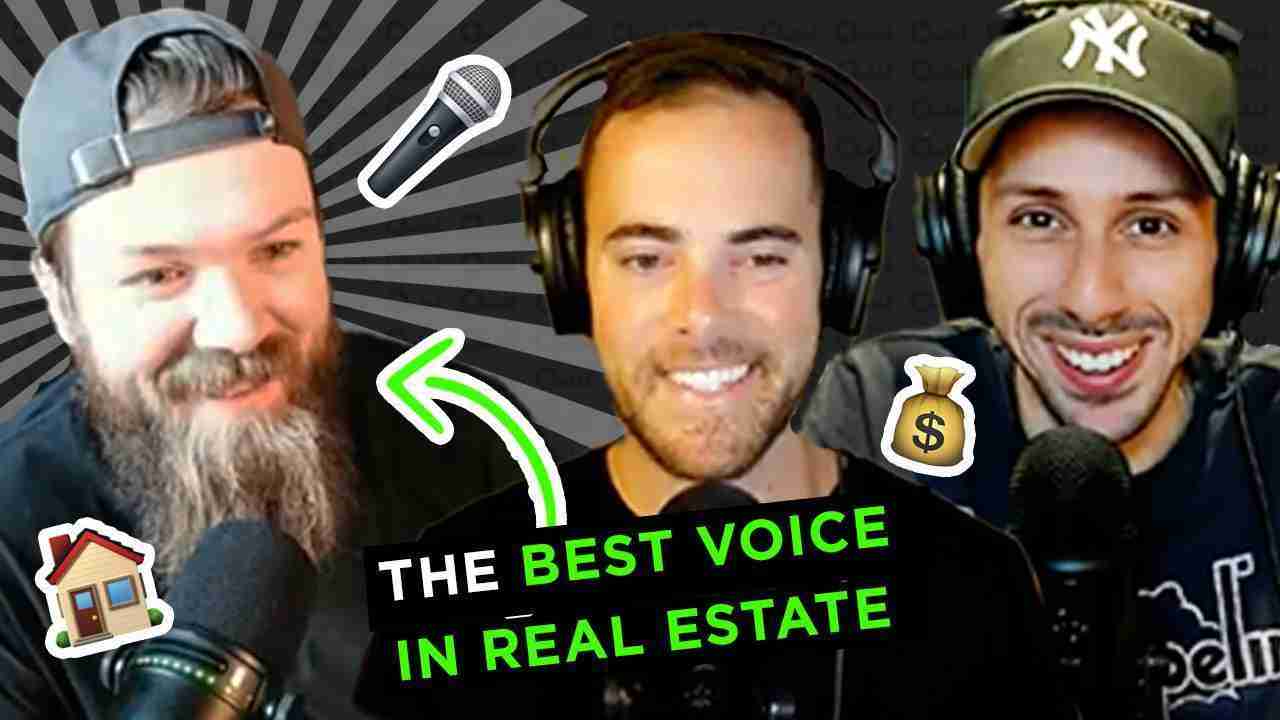 Three podcast hosts with headsets smiling in front of a striped background, a bold banner reads 'THE BEST VOICE IN REAL ESTATE'.