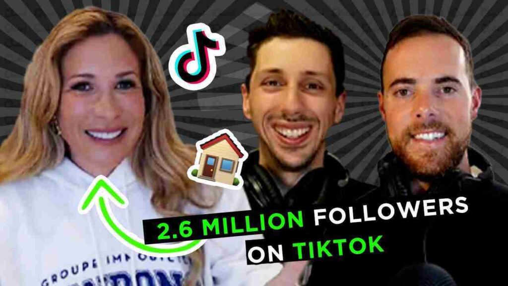 Three people smiling against a dark striped background with a TikTok icon and home emoji, captioned: 2.6 million followers on TikTok.
