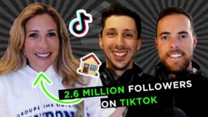 Three people smiling against a dark striped background with a TikTok icon and home emoji, captioned: 2.6 million followers on TikTok.