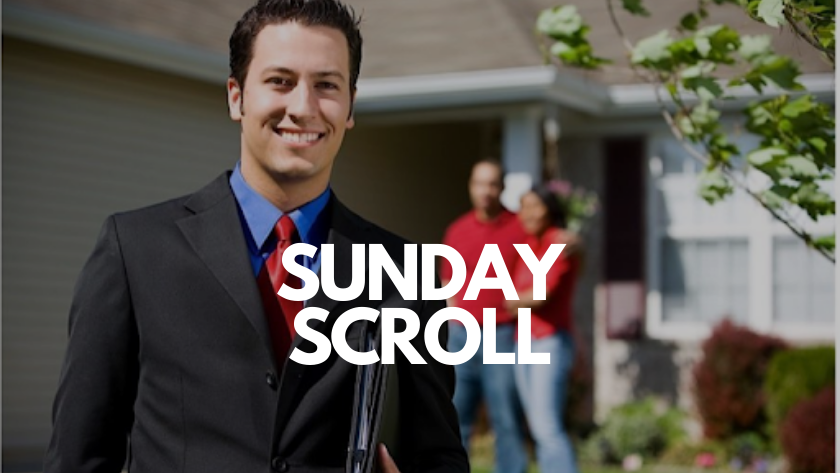 Man in a suit outdoors, smiling at the camera with a “Sunday Scroll” overlay text in front of a house.