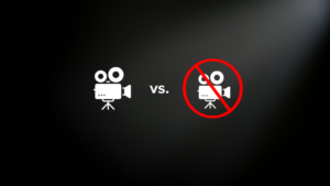 Two white camera icons on a dark background with 'vs.' between them; the right icon is crossed out by a red prohibition symbol.
