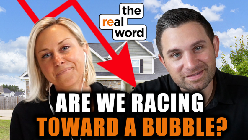 Video thumbnail with two hosts in front of a house, headline reads 'ARE WE RACING TOWARD A BUBBLE?'.