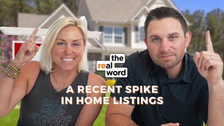 Two people point upward in front of a suburban house with a red 'for sale' sign; overlay text reads 'A Recent Spike in Home Listings'.