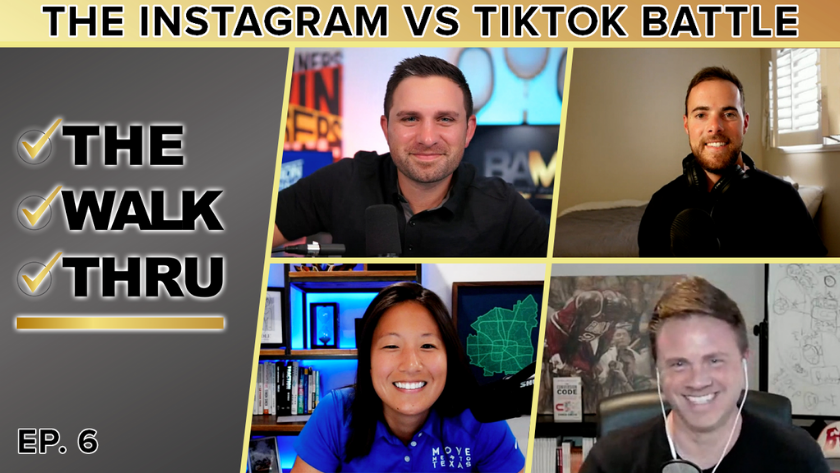 Thumbnail for podcast episode 'The Instagram vs TikTok Battle' showing four hosts in a grid and left panel with 'The Walk Thru' and check marks, Ep. 6