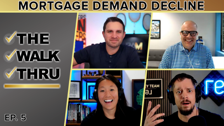 Video thumbnail for 'Mortgage Demand Decline' featuring a four-person video-call collage and 'THE WALK THRU' logo, Ep. 5 badge on gray background.