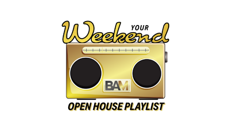 Logo for 'Weekend Open House Playlist' showing a gold boombox with a BAM badge and the words 'Weekend' and 'OPEN HOUSE PLAYLIST'.