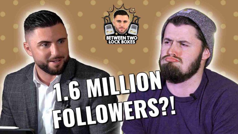 Two men on a gold dotted background, with bold '1.6 MILLION FOLLOWERS?!' text and a 'Between Two Lock Boxes' logo.
