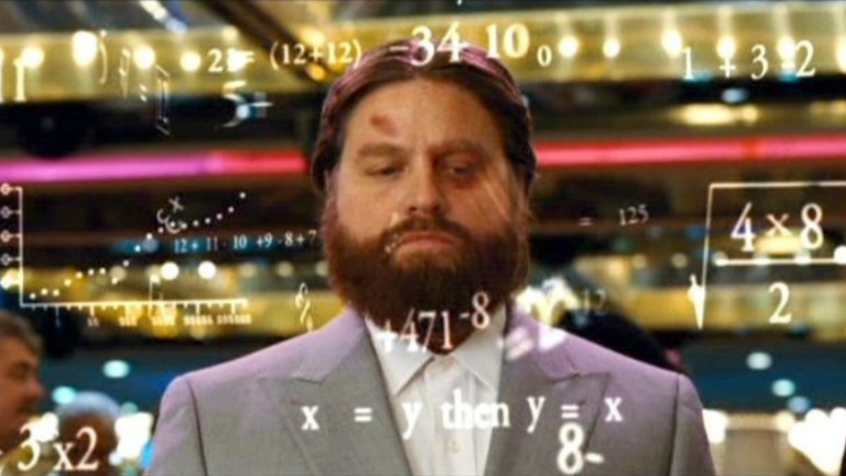 Bearded man in a suit, eyes closed, with floating math formulas around him suggesting deep calculation or focus.
