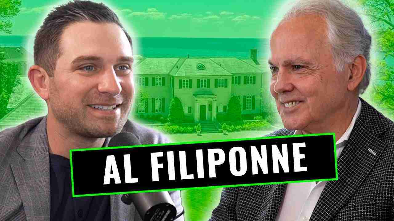 Two men in a podcast interview setup, with a bold black-and-green caption reading AL FILIPONNE across the foreground.