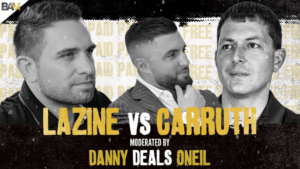 Promotional poster for Lazine vs Carruth debate; three men pictured with bold yellow title text ‘LAZINE VS CARRUTH’ and ‘MODERATED BY DANNY DEALS ONEIL’