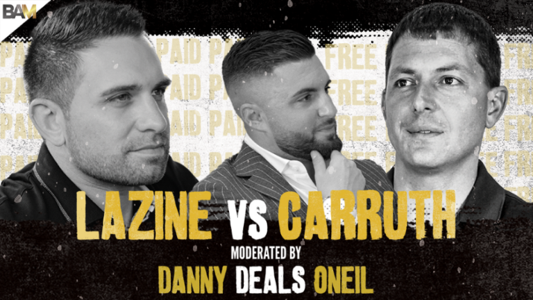 Promotional poster for Lazine vs Carruth debate; three men pictured with bold yellow title text ‘LAZINE VS CARRUTH’ and ‘MODERATED BY DANNY DEALS ONEIL’