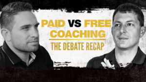 Graphic of two men facing each other with bold yellow text: 'PAID VS FREE COACHING' and 'THE DEBATE RECAP'.
