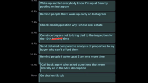 Timeline of hourly tasks from 5 AM to noon, detailing social posts, emails, and client outreach for real estate. (to-do list)